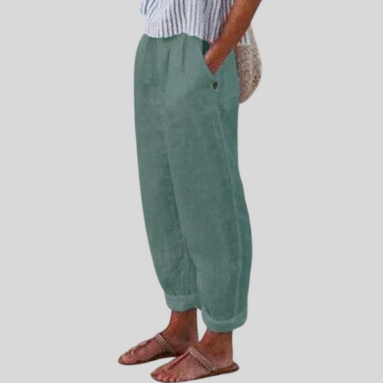 Damen-Leinenhose mit weitem Bein und Seitentaschen