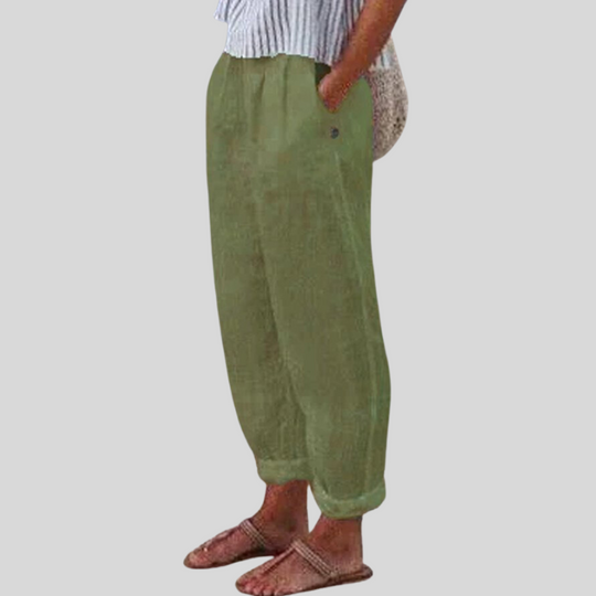 Damen-Leinenhose mit weitem Bein und Seitentaschen