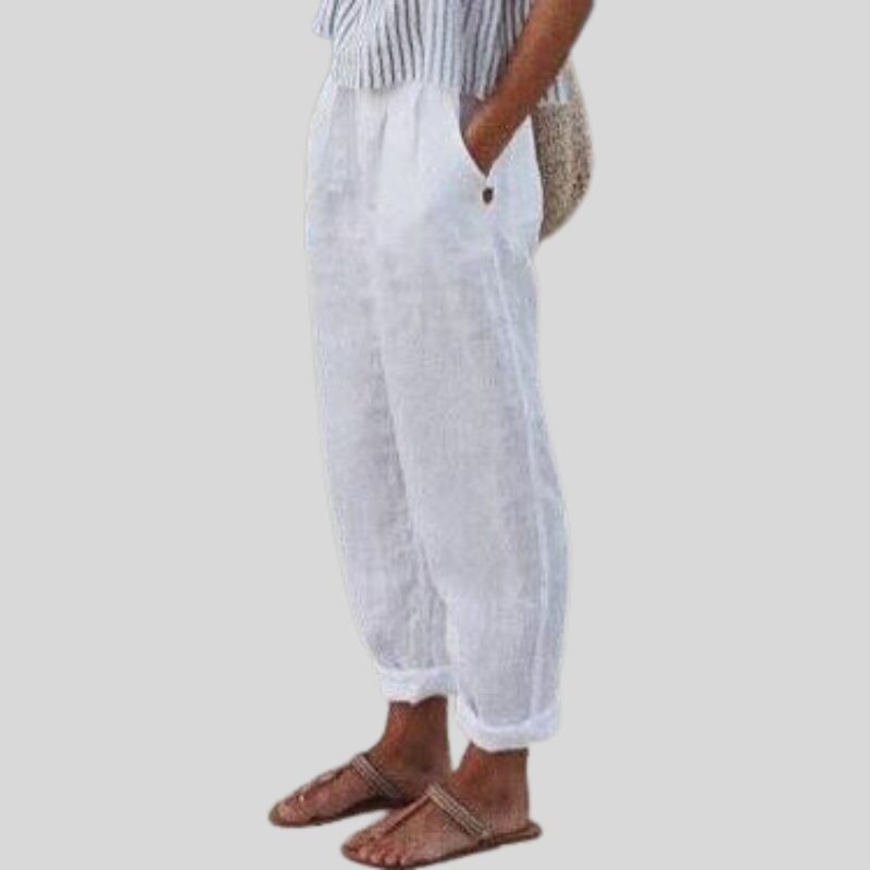 Damen-Leinenhose mit weitem Bein und Seitentaschen