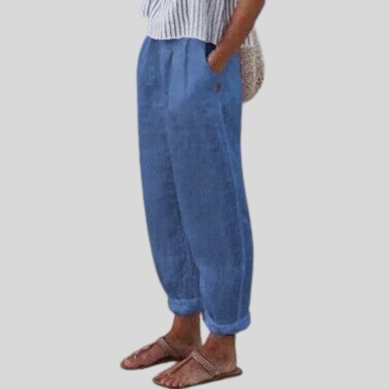 Damen-Leinenhose mit weitem Bein und Seitentaschen