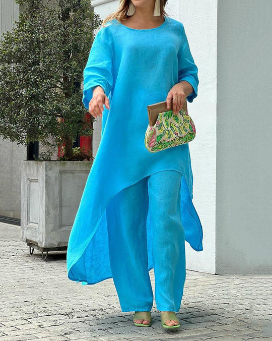 Zweiteiliges Damen-Leinenset mit schulterfreiem Oberteil und Hose