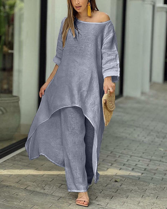 Zweiteiliges Damen-Leinenset mit schulterfreiem Oberteil und Hose